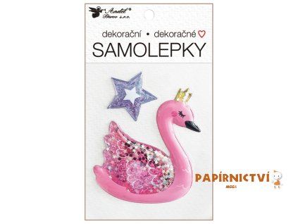 Samolepka plastická plněná třpytkami -labuť 10,5 x 18 cm
