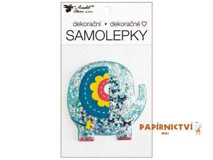 Samolepka plastická plněná třpytkami -slon 10,5 x 18 cm