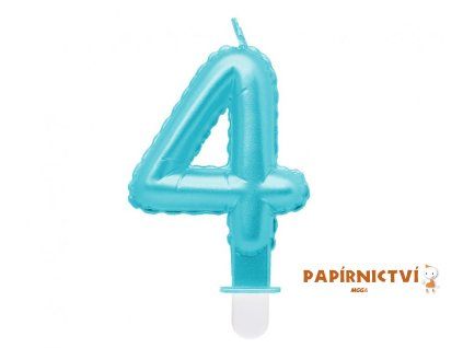 Svíčka číslo 4, perleťová světle modrá, 7 cm