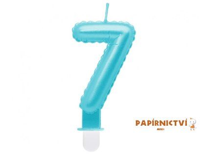 Svíčka číslo 7, perleťová světle modrá, 7 cm