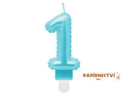 Svíčka číslo 1, perleťová světle modrá, 7 cm
