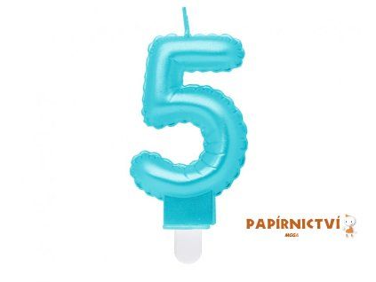 Svíčka číslo 5, perleťová světle modrá, 7 cm