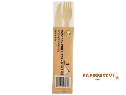 Eco kolekce - nůž a vidlička (dřevěná) s ubrouskem, 1 sada