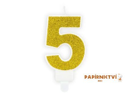 Narozeninová svíčka číslo 5, zlatá, 7cm