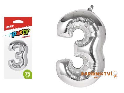 Balónek č. 3 nafukovací fóliový 75 cm - stříbrný 8000164