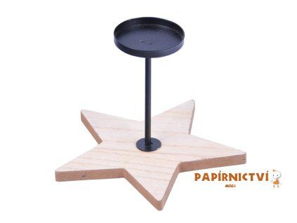Svícen hvězda dřevo + kov 15cm 8886429