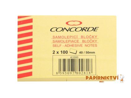 Samolepicí bloček CONCORDE 40 x 50mm, 2 x 100 listů, žlutá A1000
