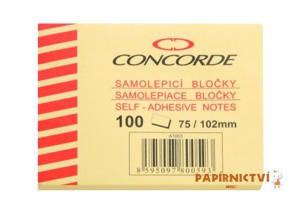 Samolepicí bloček CONCORDE 75 x 102mm, 100 listů, žlutá A1003