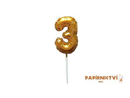 Dortová svíčka BALÓNEK "3" 3,7X5,9CM  268653 ZLATÁ 8800163